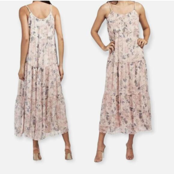 Elena Baldi Italy Silk Midi Dress Large Maxi Long Peasant Dress Beige Tiered